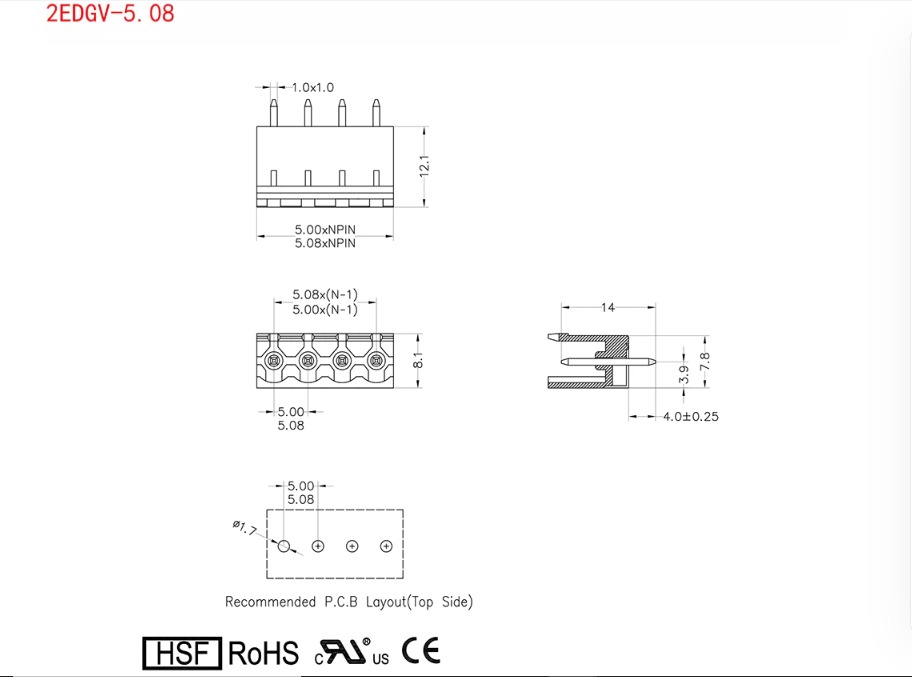 2EDGR-5.08MM 2p-12Pin Terminal Block Connector 2EDGV 2EDGVC 2EDGRC 2EDGR-5.08 Match to 2EDGK-5.08
