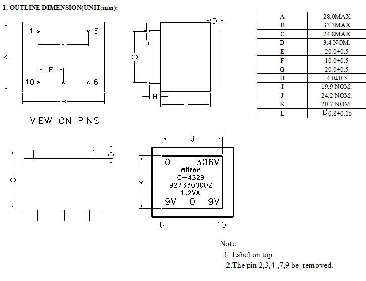 PCB Mounting Low Frequency Transformer Input 306V / 50Hz 10mA Output 11.5V / 9V 67mA