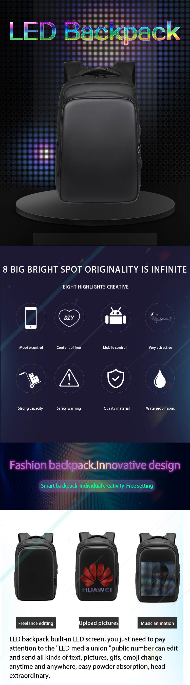 Advertisement Propaganda Smart LED Backpack 24 Litre LED Light Bag 3lb