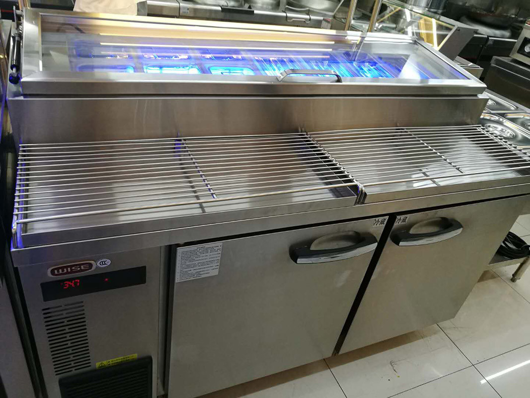 Commercial Pizza Prep Refrigerator With 2 Door Air Cooling Undercounter Chiller Blue Ray Lighting