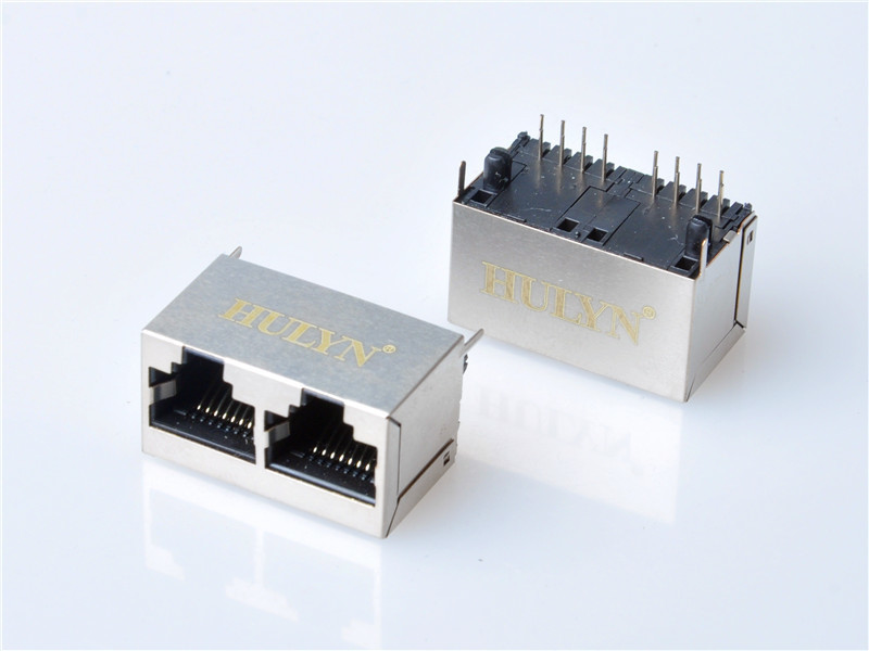 HULYN Very low profile, Shielded RJ45 Modular Jack Connector, Through Hole Type, Top Entry, 1x2 Ports