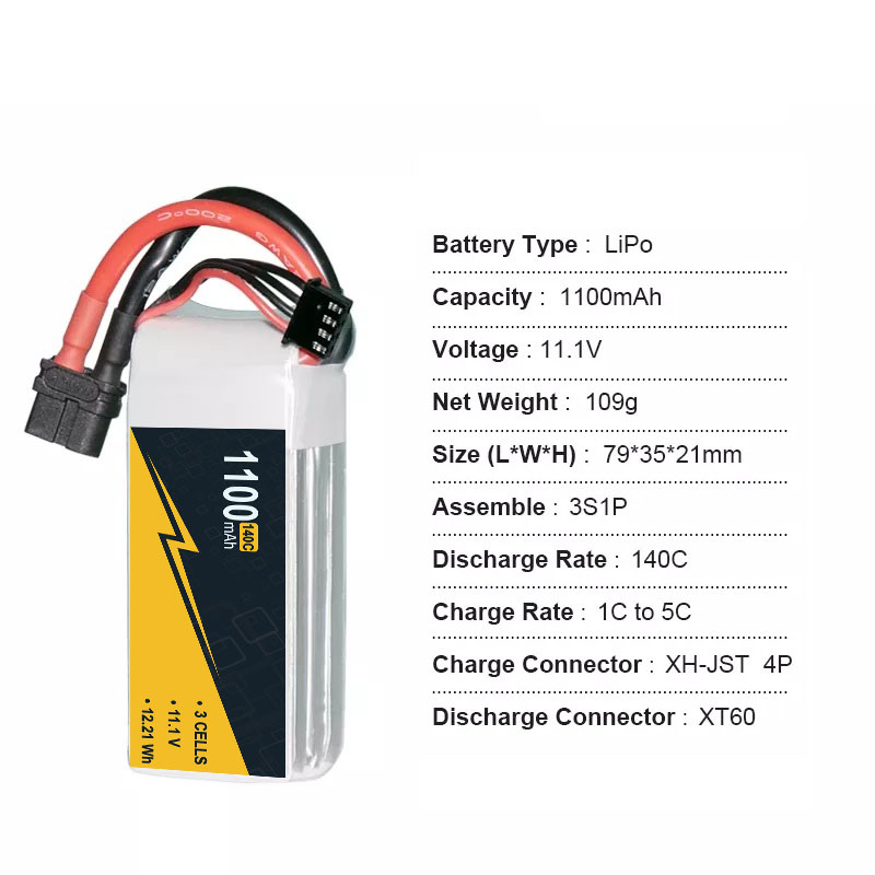 Balance Charger RC Drone Battery 11.1V 3s 1100mAh Lipo Battery 140C Hard Case T Plug