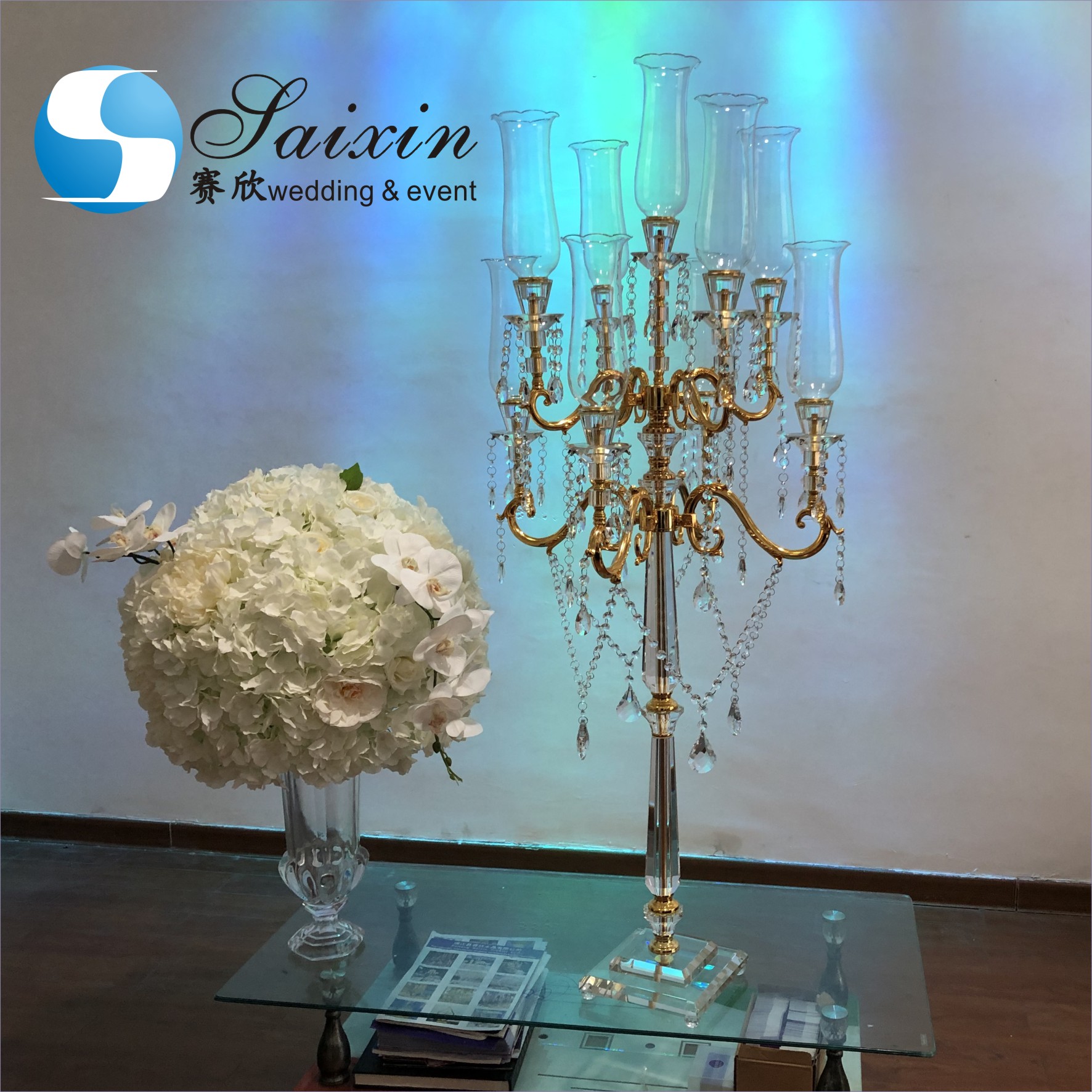 5 Arm 9 Arms Gold Metal And Crystal Candelabra Wedding Centerpieces 130CM