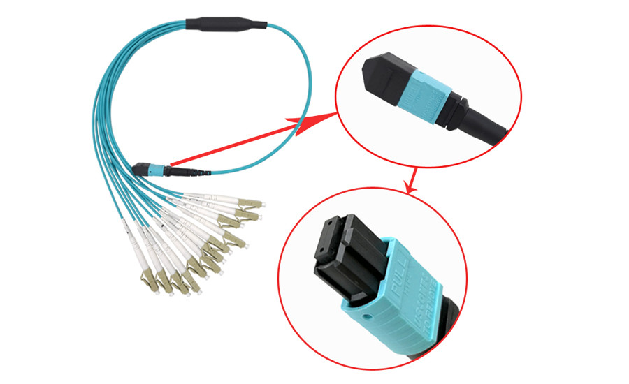 Break Out MTP MPO Patch Cord female to 6 DX LC 12 fiber LSZH type B blue