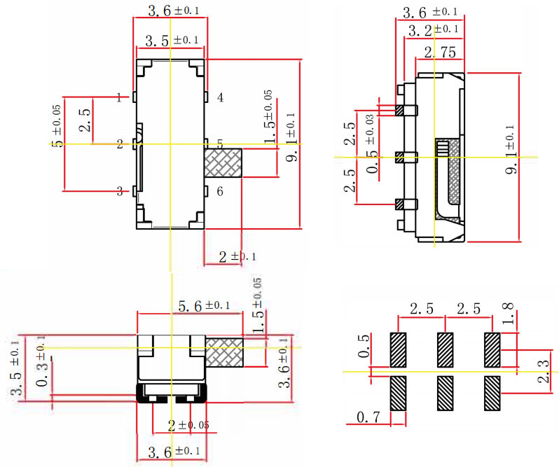 Miniature Bent Feet 6 Pin On Off DPDT Slide Switch