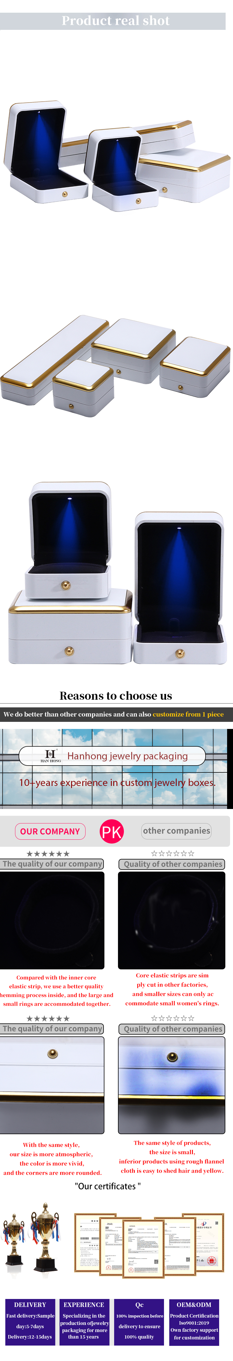 Custom Jewellery Box Packaging Gold Trim Plastic Jewelry Case With LED Lighting