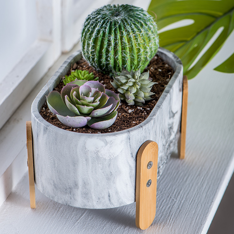 Succulents Plant Pots Mini Flower Pots Tabletop Flower Pots Marbled Texture Pot Planters with Bamboo Foot Cement Pots