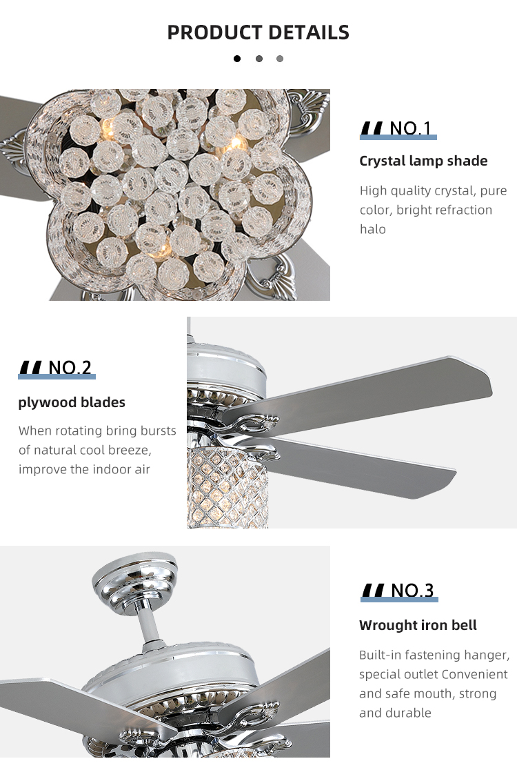 Decorative 2000 lumen Home Metal Blade Ceiling Fan Chandelier 90lm/w