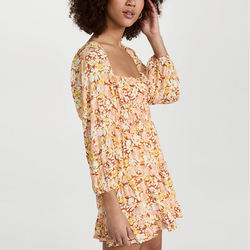 Ladies Viscose Floral Print Ruffle Hem Scoop Neck Smocked Waist Crepe Dress for Women