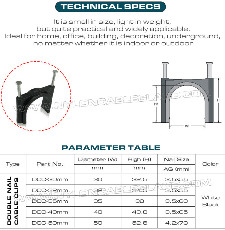 Double Nail Cable Clips (Double Nail Pipe Clips), Round Type, Two Steel Nails, Polyethylene, White/Black, 30mm~50mm, For Large Cables