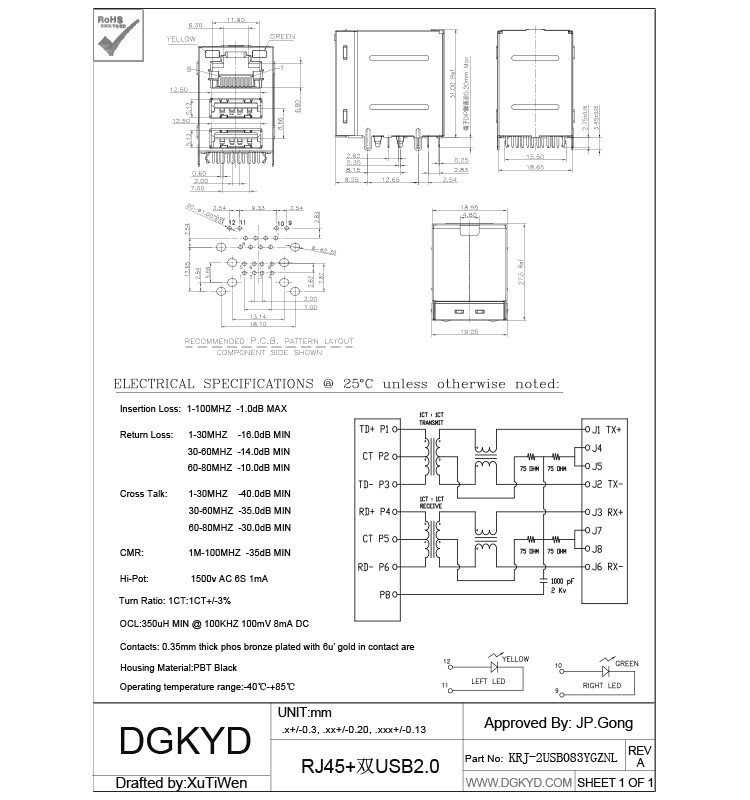 Stacked RJ45 jack over dual deck USB Connector combo rj45 with 100Mb transformer