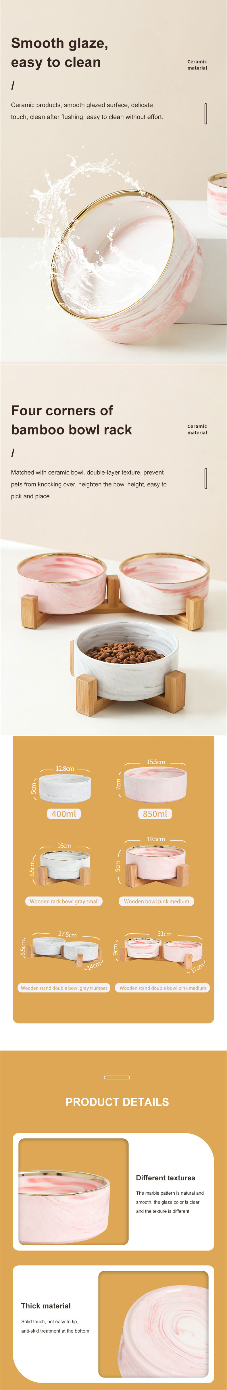Eco Friendly Marble Ceramic Raised Dog Bowls With Wooden Stand