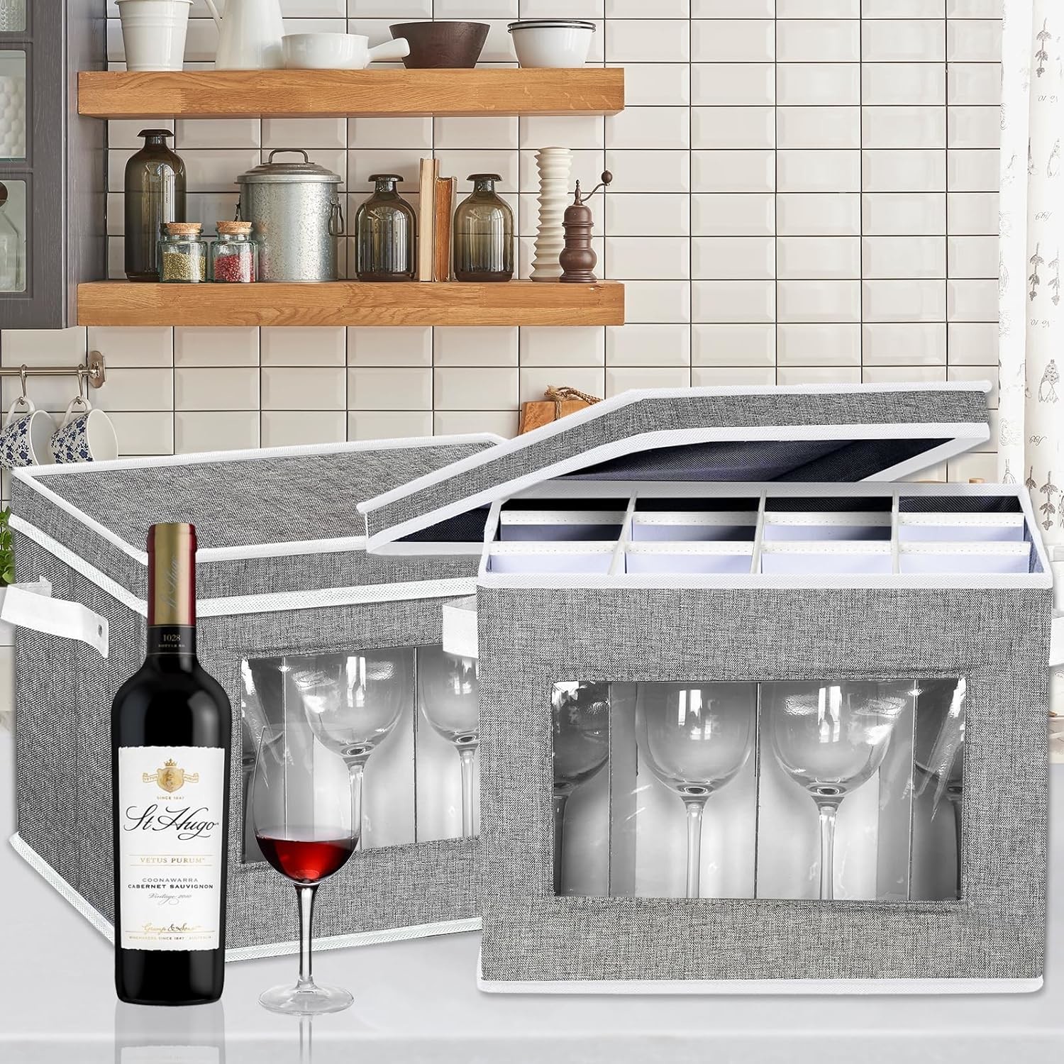 HOMYFORT WINE GLASS STEMWARE STORAGE CASES, CHINA STORAGE CONTAINERS BOX WITH DIVIDERS HARD SHELL FOR 12 CRYSTAL GLASSWA