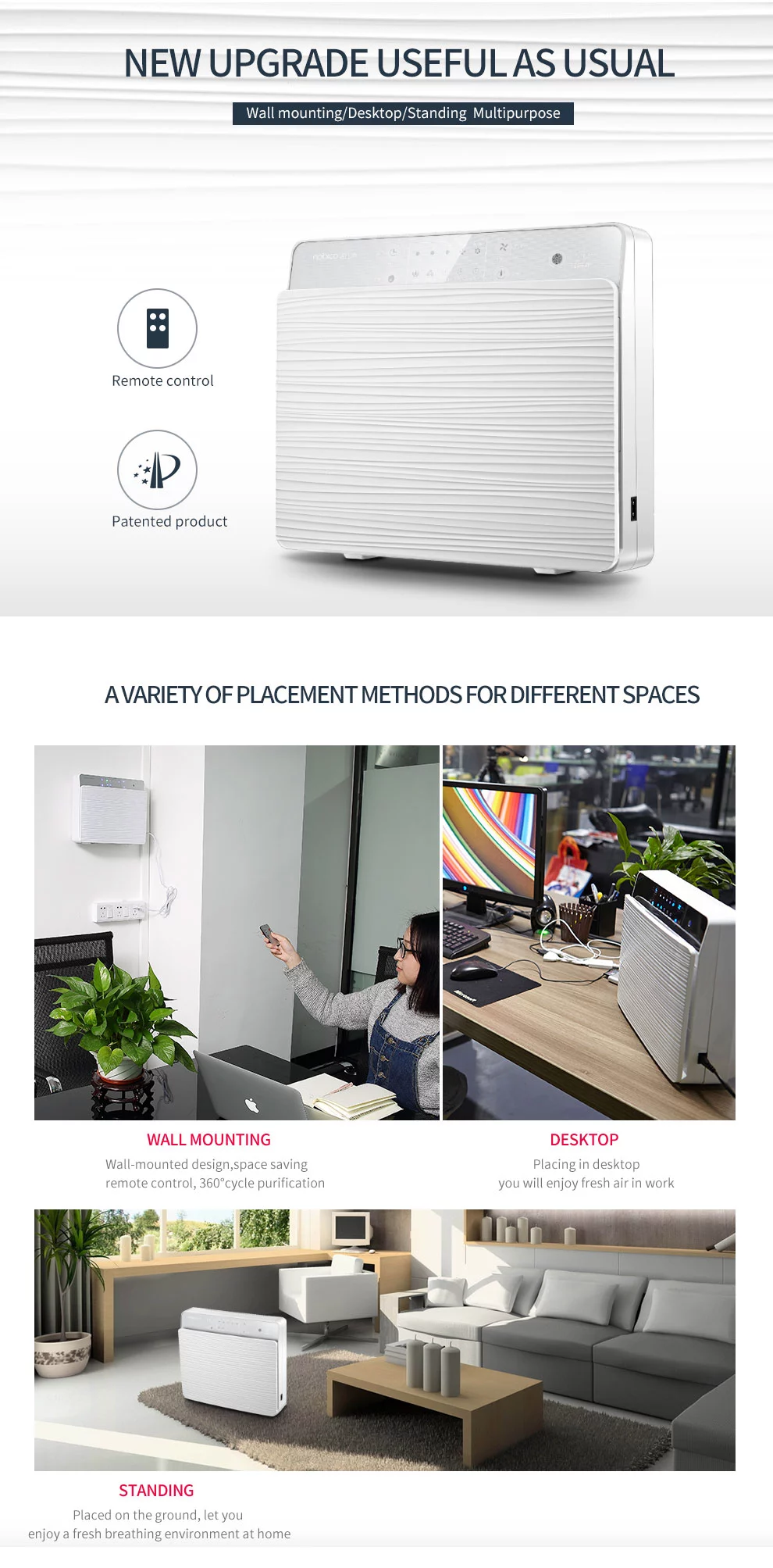 OEM Wall Mounted Air Purifier 400m3/h Silver Ion Plasma Sterilization