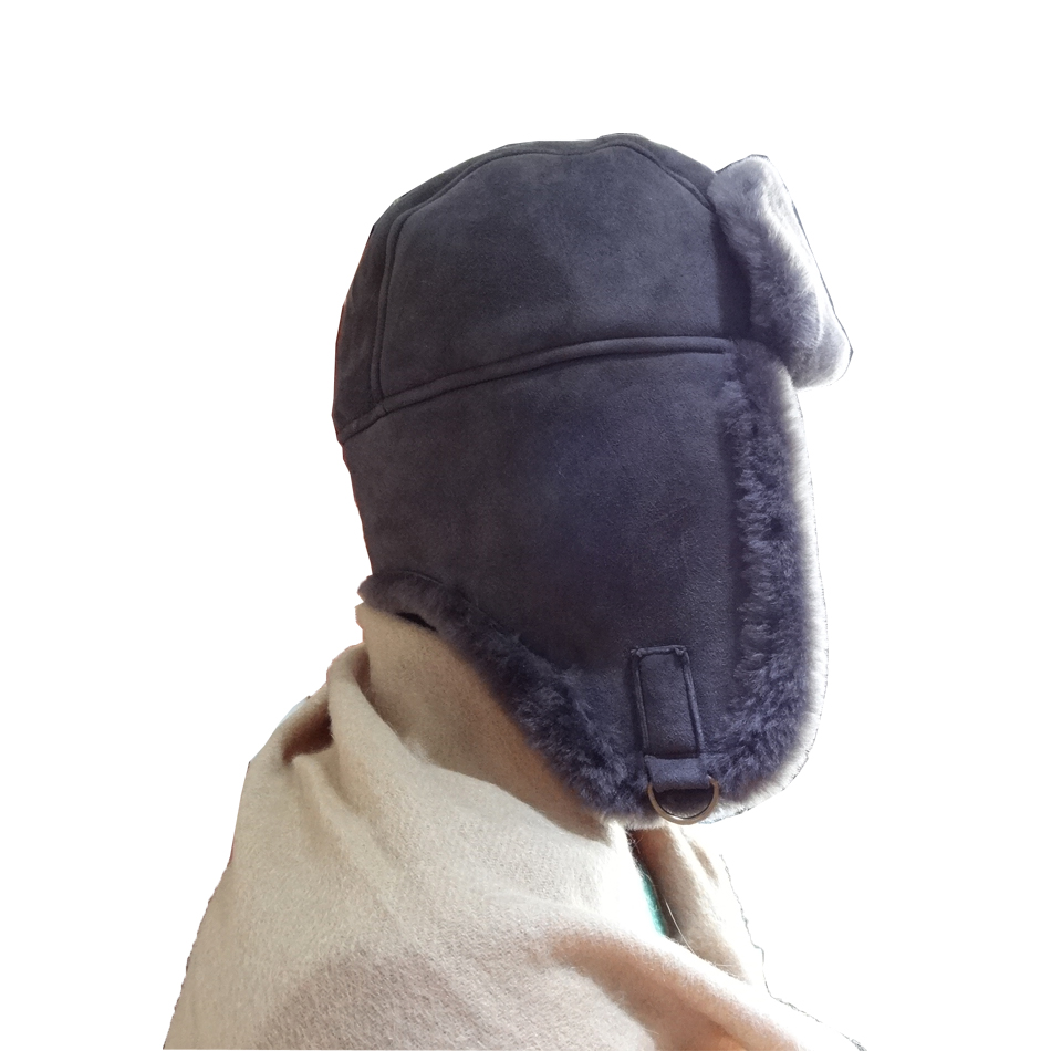 Australian Shearling Sheepskin Double Face Ladies Leather Fur Trim Trapper Hat with Earflap in Winter