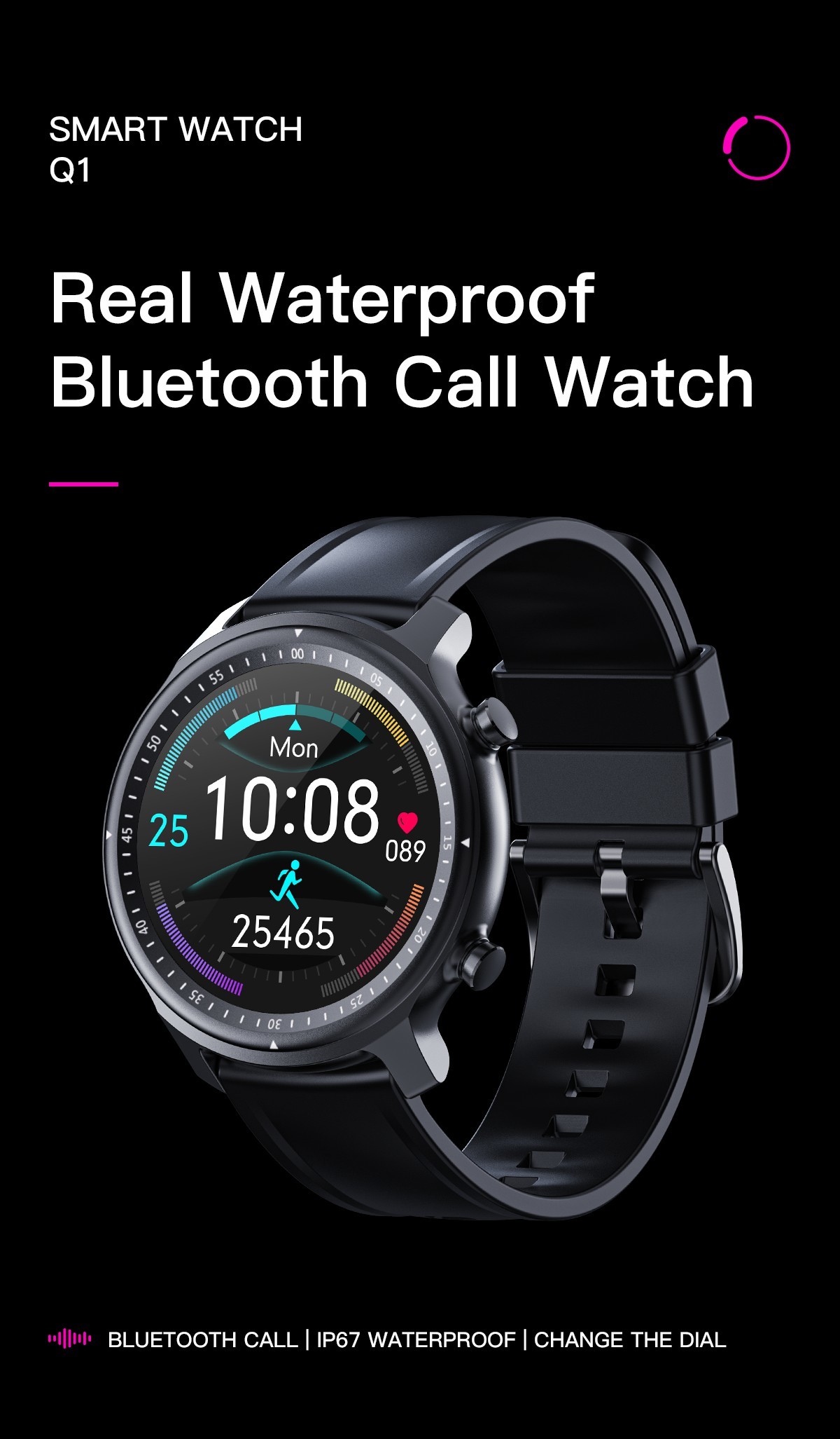 Android IOS Round Face Smartwatches 5V 500MA Heart Rate Wristband For Men