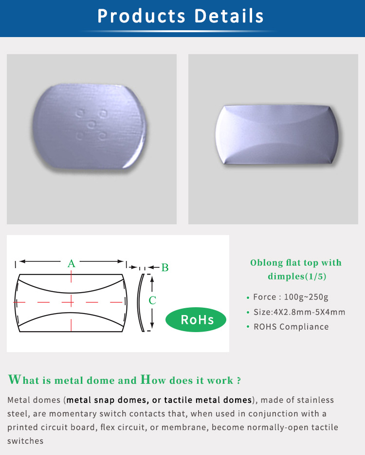 Tactile Oblong SNAP Metal Snap Domes Stainless Steel With Dimples / Feels