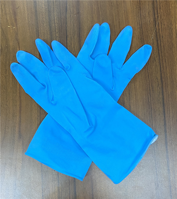 Blue Color Spray Flocklined Kitchen Rubber Gloves S M 55g