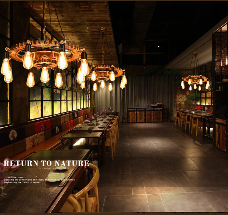 Creative Retro Loft Chandelier Wood Pendant Lamp Restaurant Living Room Dining Room Wheel Chandelier(WH-VP-228）