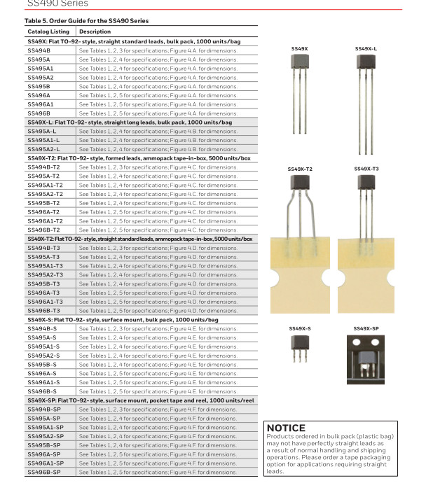 SS490 Series Linear Hall-effect Sensor ICs SS39ET SS49E SS59ET Ss49x