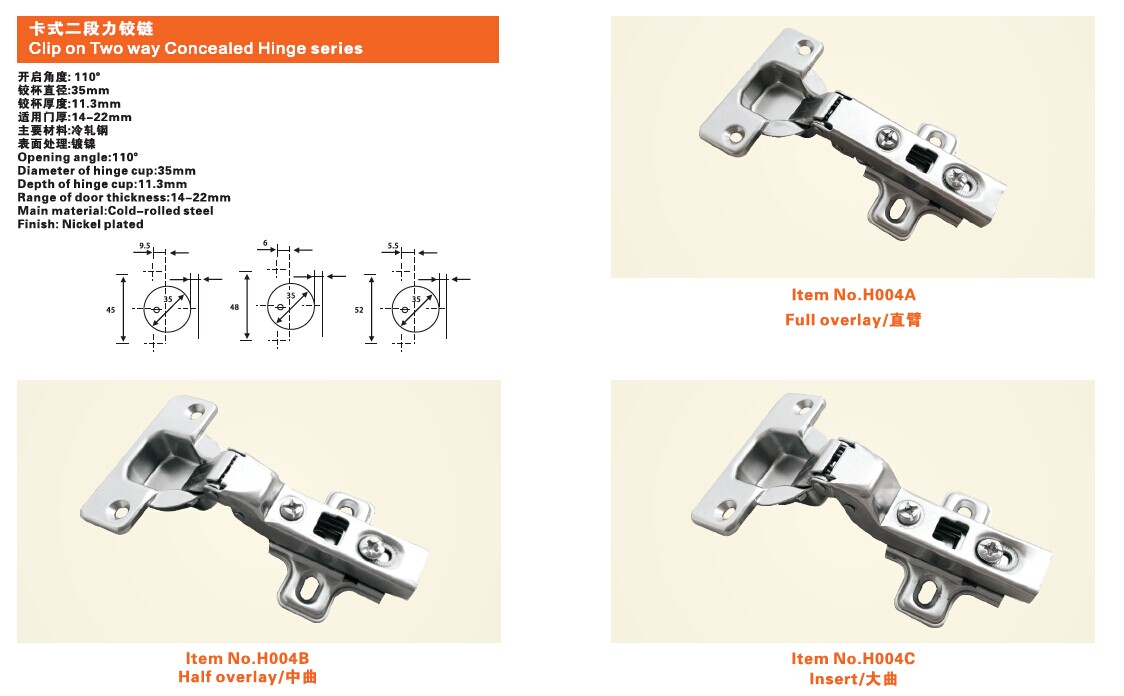 H004 Clip on Two way Concealed Hinge