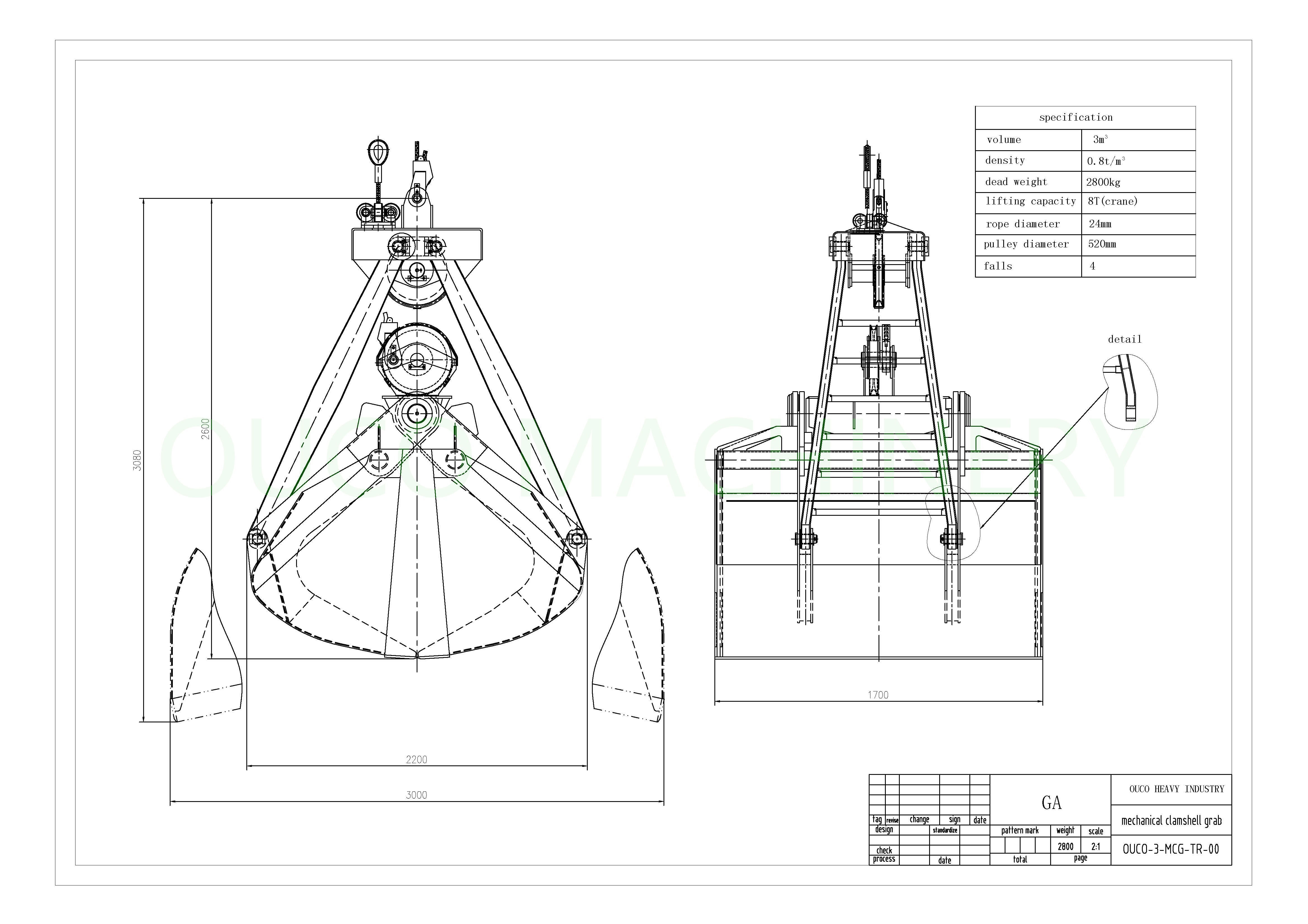 3 CMB 2 Rope Coal 3 Cubic Mechanical Grab Bucket