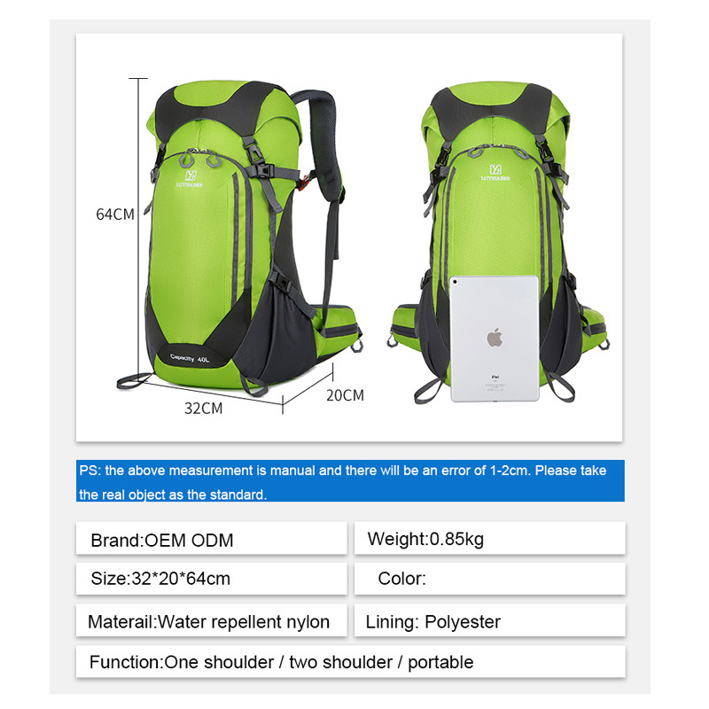 64cm Green Waterproof Hiking Backpack Women'S Lightweight Travel Backpack 40L