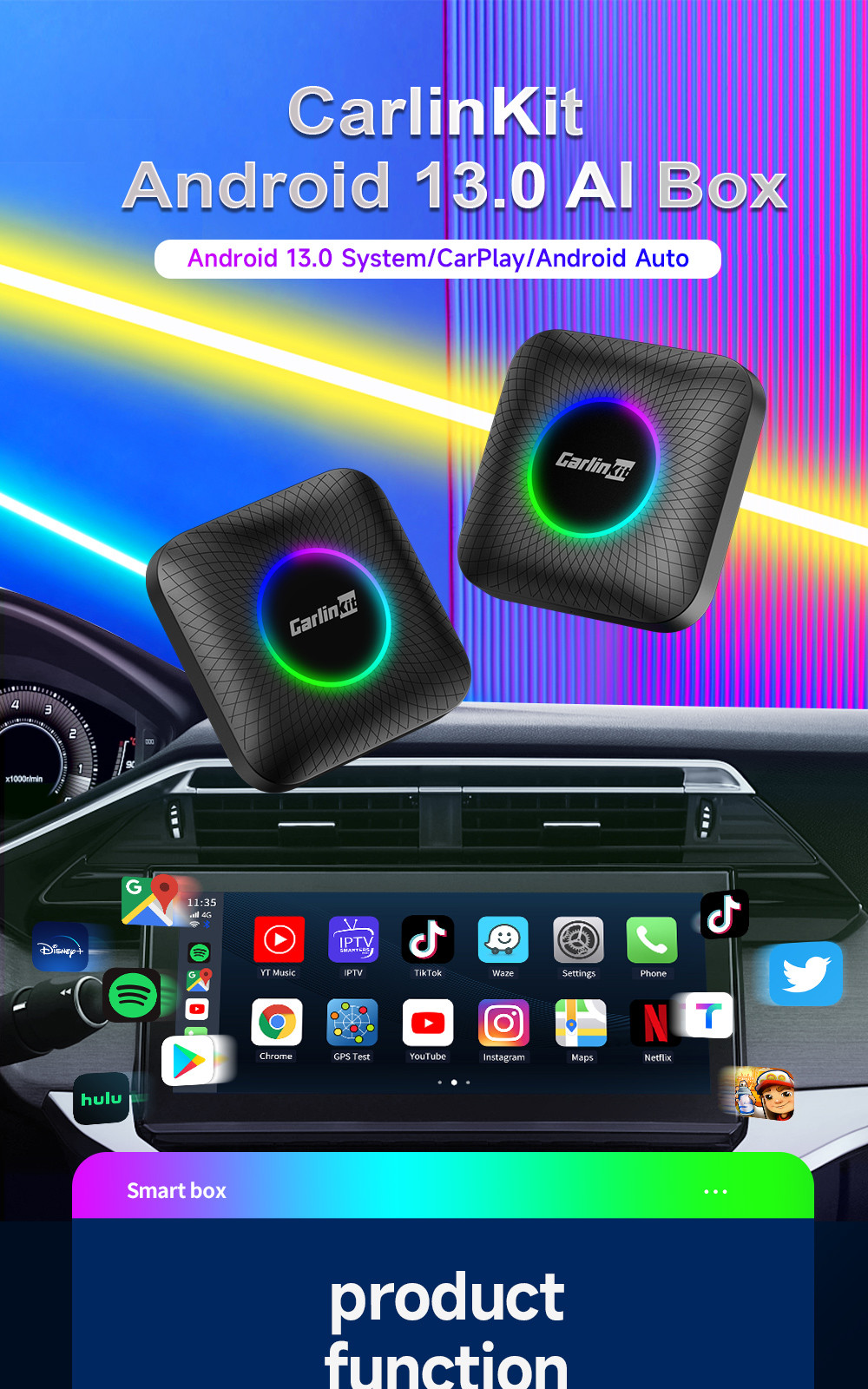 Multi-media TBox CPC200-tbox ambient Wireless Adapter Carplay & android auto AI Box Android 13 8+128GB QCM6225 8-core TV Auto