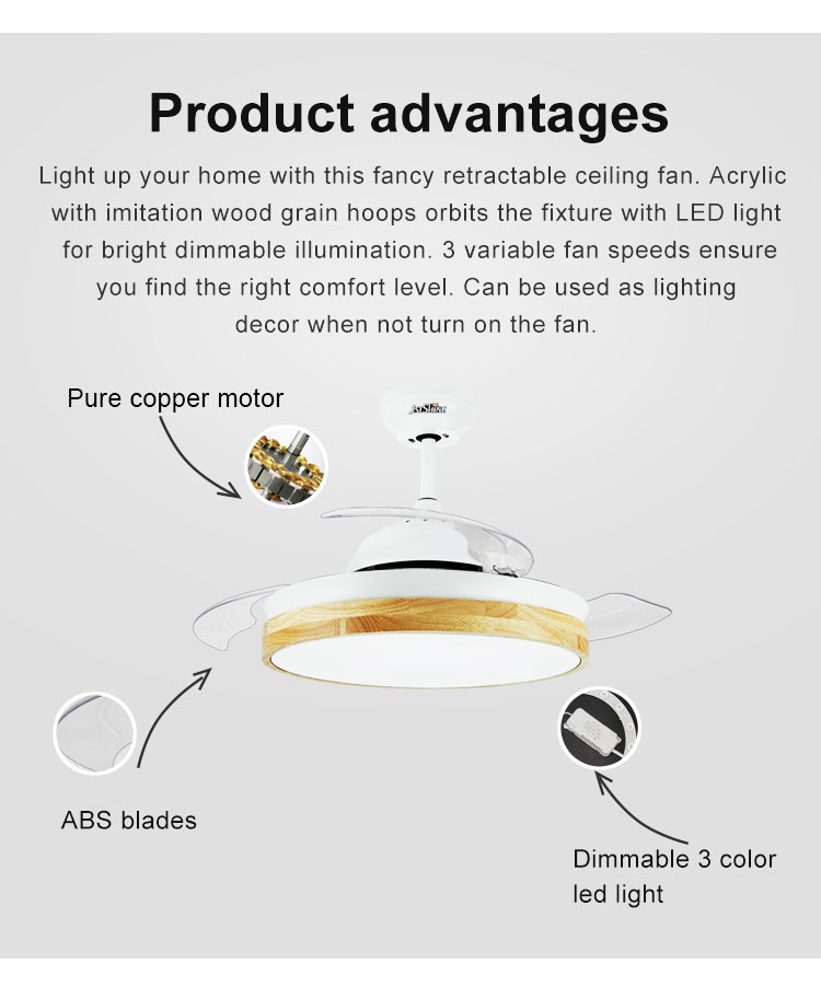 Modern Design Metal Acrylic LED Ceiling Fan with Hidden Blade and Color Crystal Light