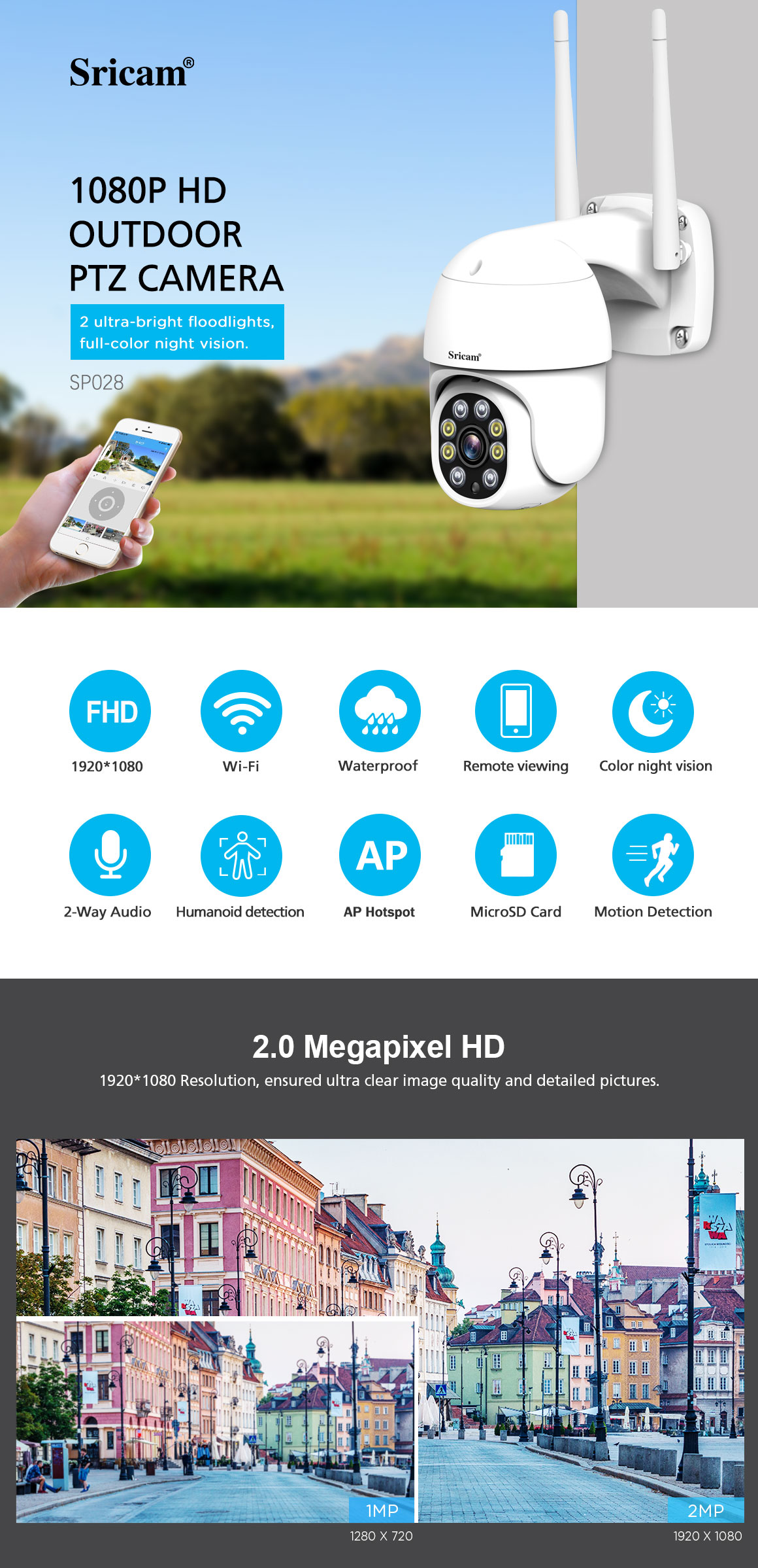 New Arrival Sricam SP028 Best Selling 1080P 2MP P2P IP Wireless Outdoor Dome Mini Wifi PTZ Camera For Outdoor Waterproof