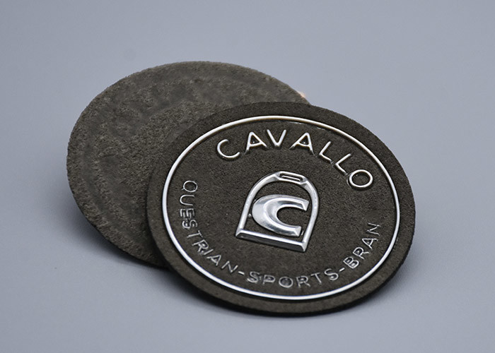Microfiber Material Embossed Patches With Custom Silver Logo