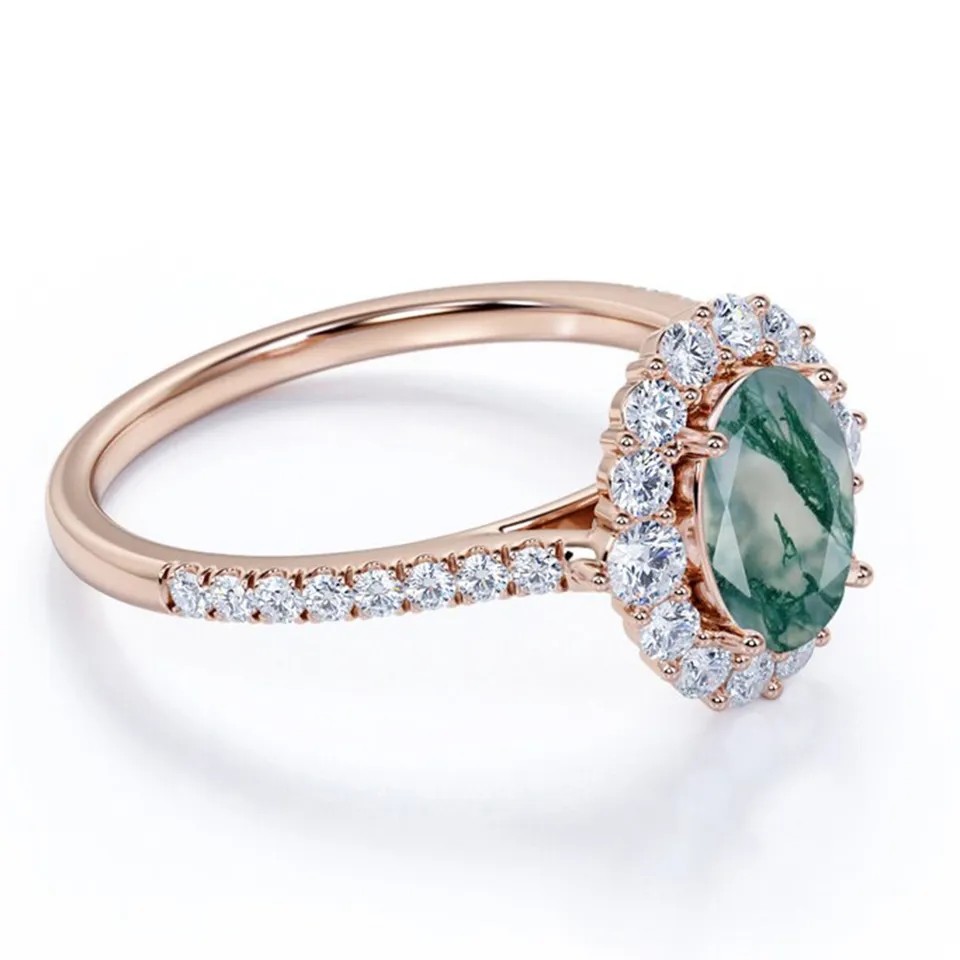 Unique S925 Rose Gold Plated Round Cut White CZ Jewelry Natural Moss Agate Rings Top Quality Design Factory Ring