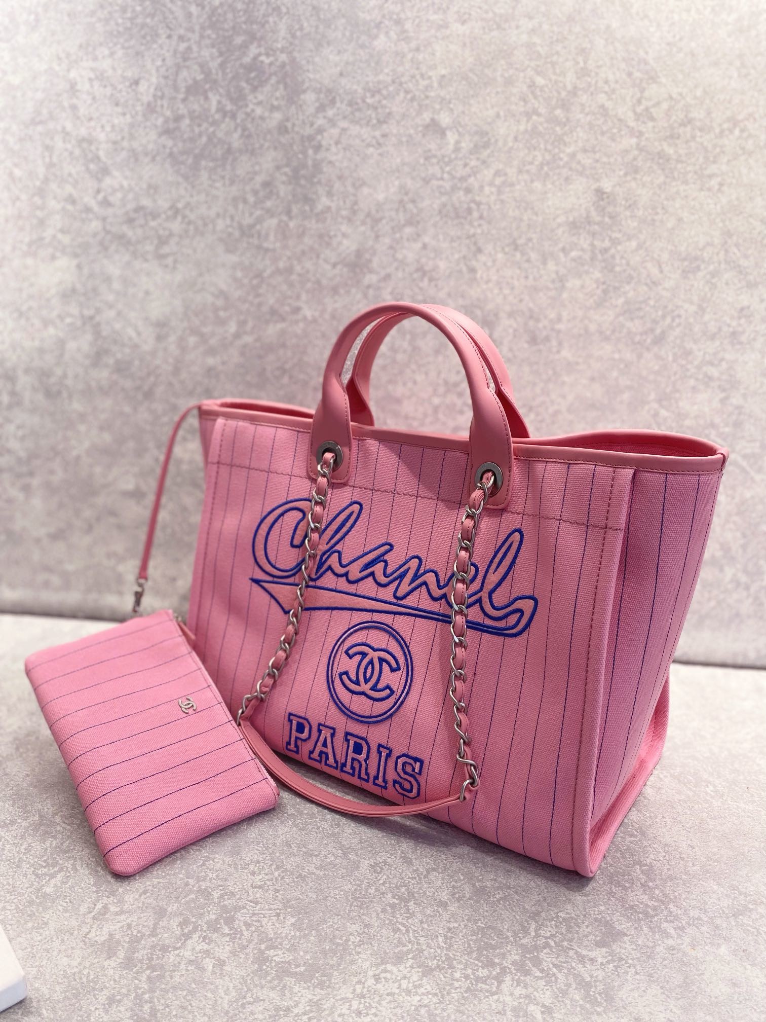30cm 23P Chanel Deauville Tote Bag White Ecru Black Stripe