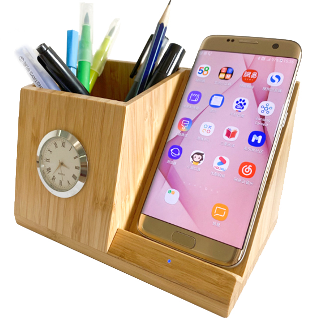 Fast Bamboo Desktop Wireless Charger Stand with Pen Holder and Clock OEM Acceptable