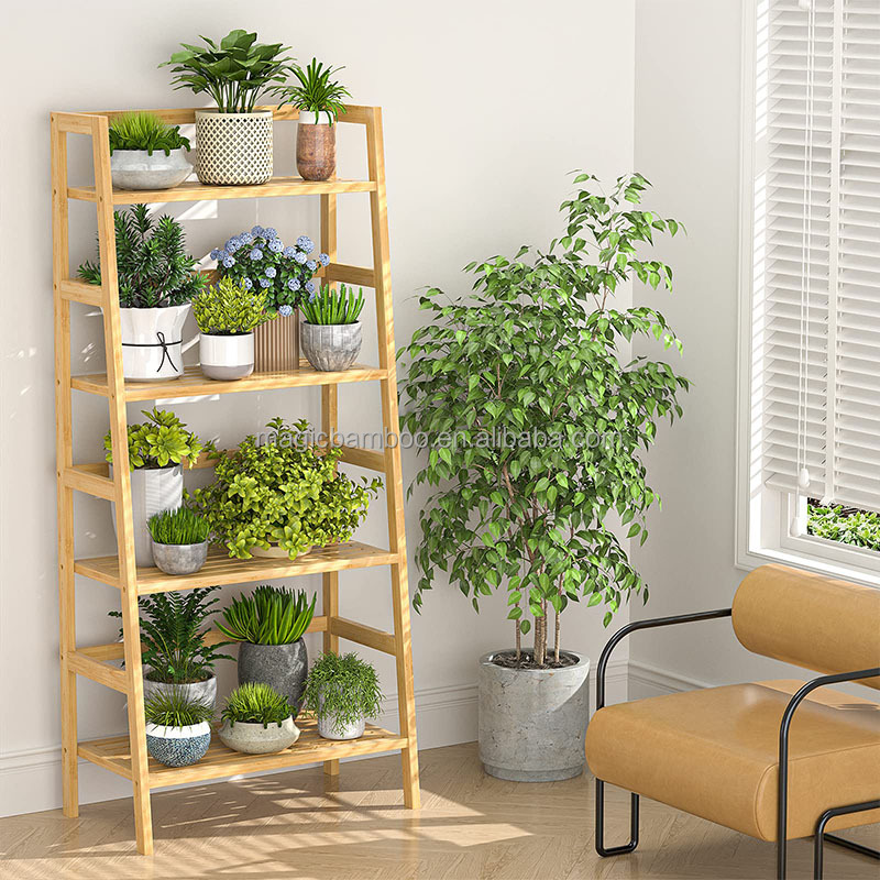 Freestanding Open Bookcase Bamboo Bookshelf 4-Tier Ladder Shelf for Toilet Paper