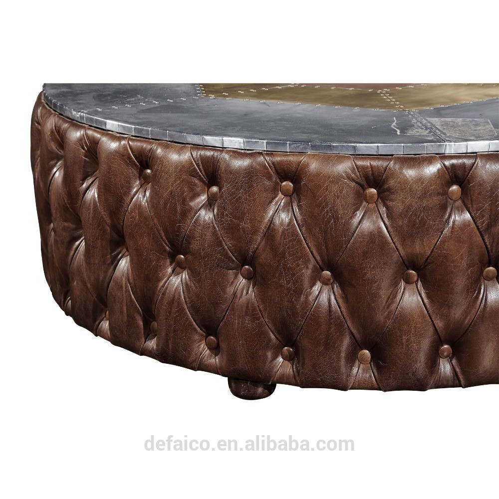 SGS ISO Genuine Leather Round Tufted Coffee Table with Aluminum top