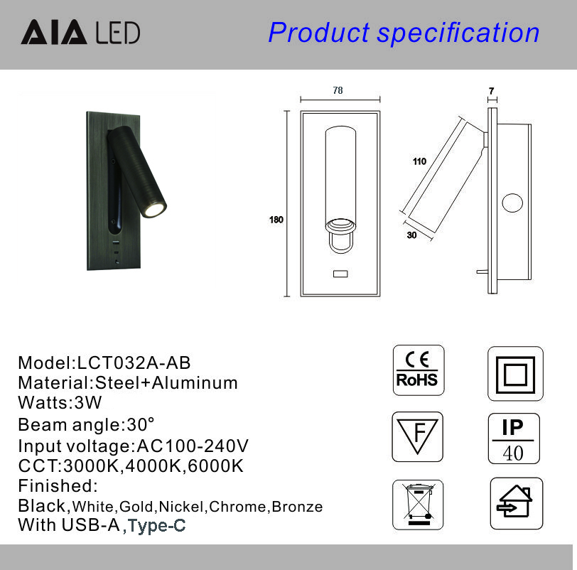 USB type-C 3W bedside reading wall light headboard wall lights hotel villa bed wall lamps rotate lamp