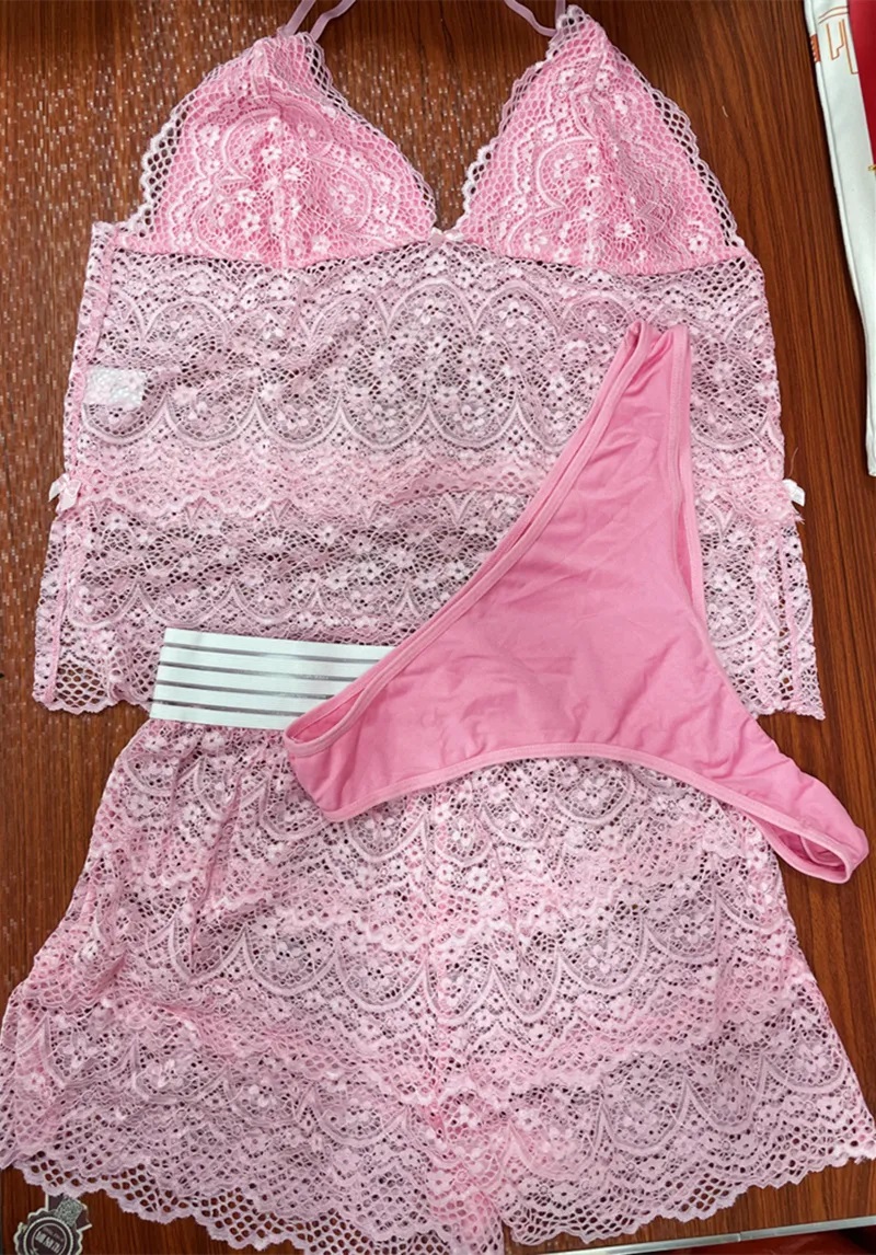 3 Pieces Plus Size Underwear Panties Bra Set Sexy Lace Hollow Out Lingerie For Women'S Pajamas