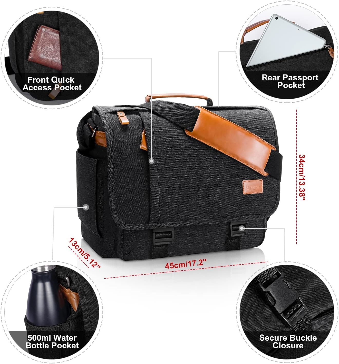 ESTARER MEN MESSENGER BAG 15.6 INCH, WATER-RESISTANT CANVAS COMPUTER BAG WORK BAG, LAPTOP SHOULDER BAG BRIEFCASE SATCHEL