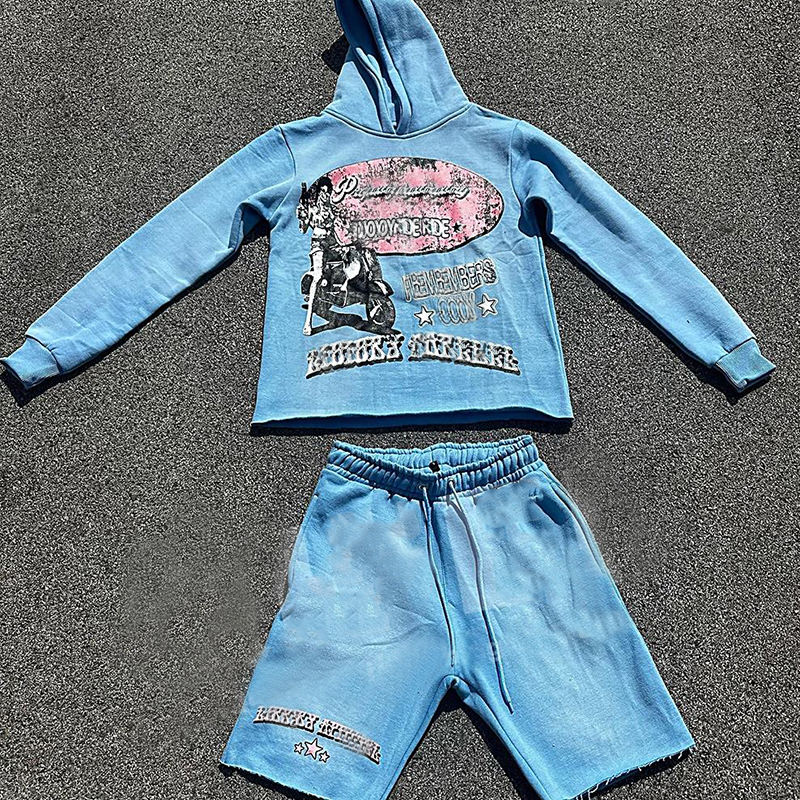 Custom Vintage Sun Faded Hoodie and Short Sets Tracksuit Raw Hem Jogger Sweatsuit Cut Edge Acid Wash Hoodies and Shorts Set Men