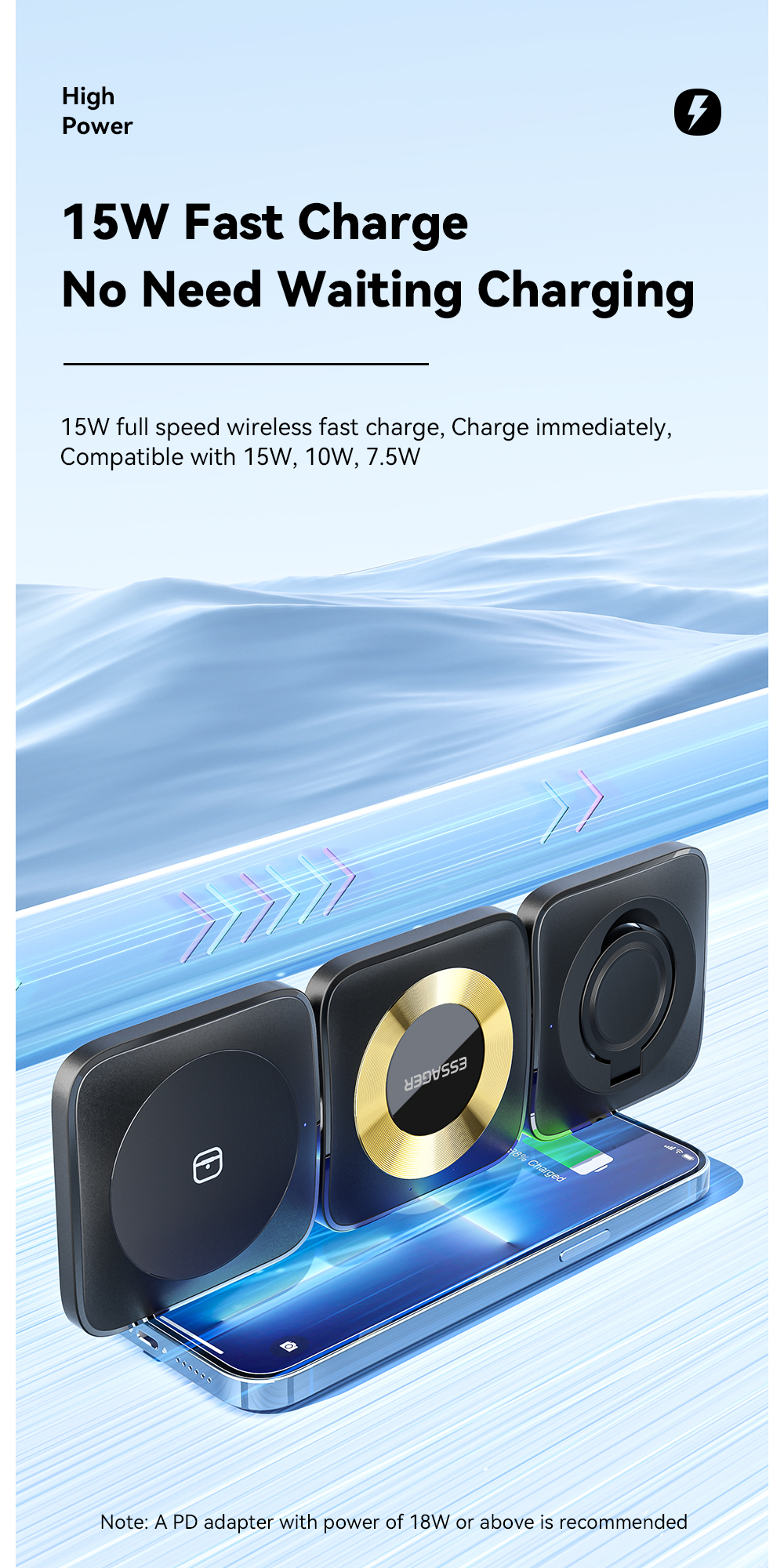 ESSAGER Waves 3 in 1 Wilress Charger 15W Best Fast Charging Wireless Phone Charger