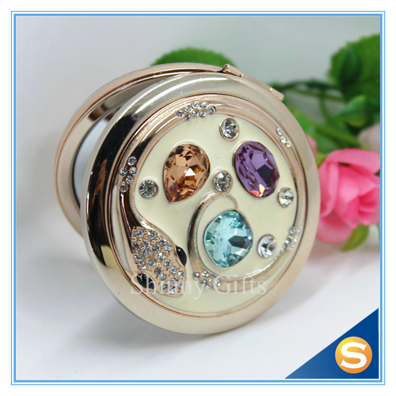 Shinny Gifts Custom Crystal Compact Mirror Handbag Small Round Shape Makeup Mirror