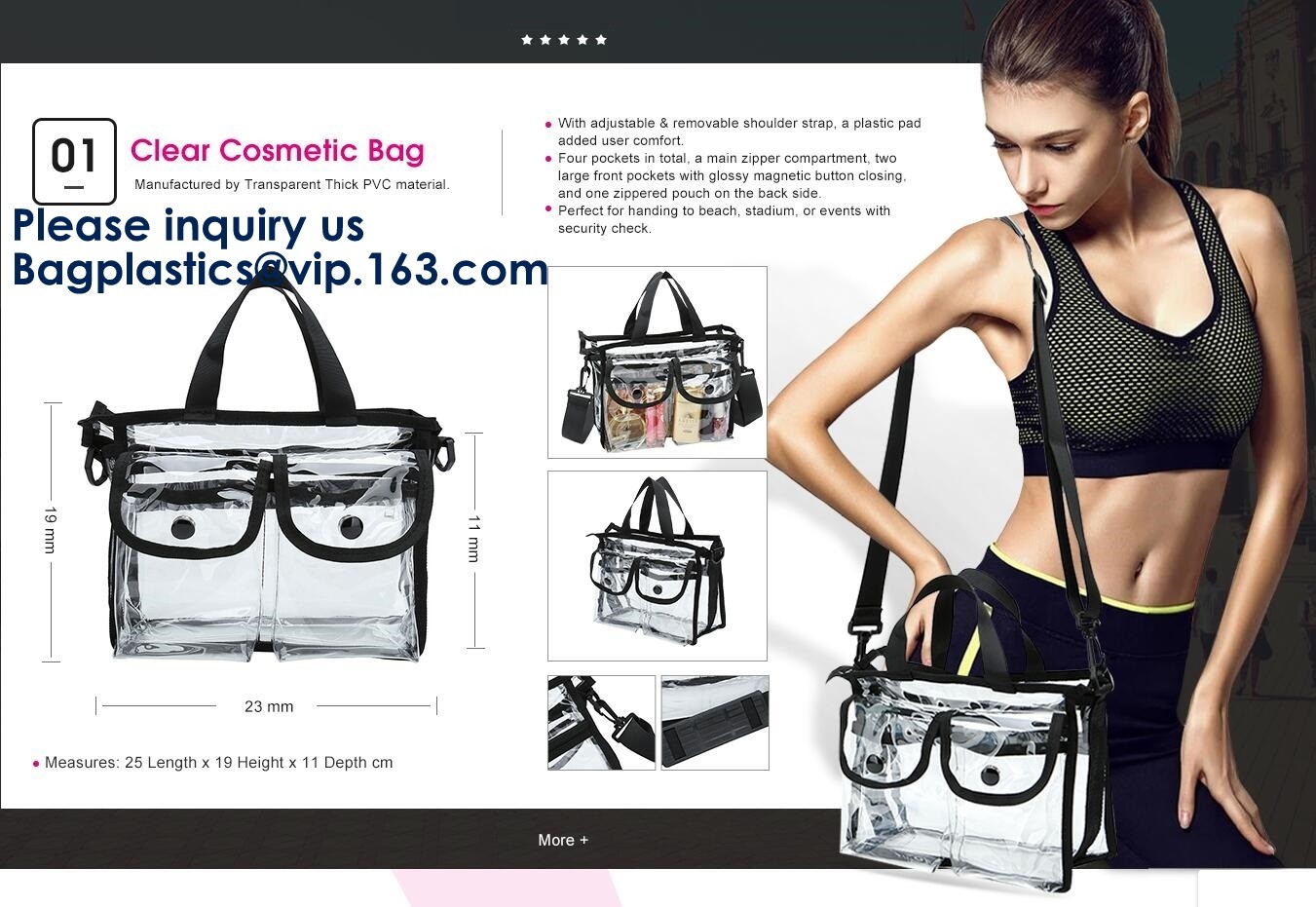 Beach Bag Clear PVC Bag Tote With Inner Pocket And Zipper Closure,PVC Bag Beach Tote With Black Handles, Bagease