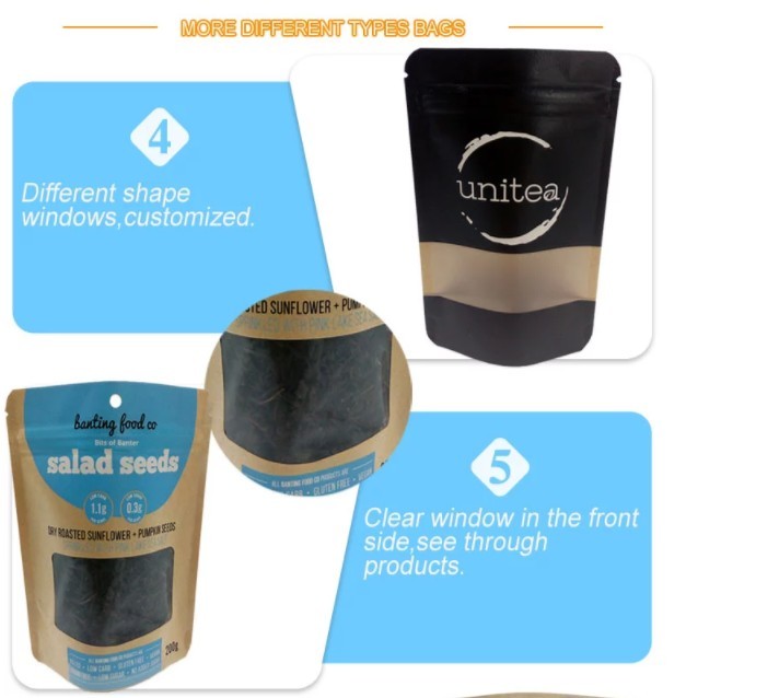 Eco friendly stand up food plastic paper bag pouch custom bag made of kraft paper with window