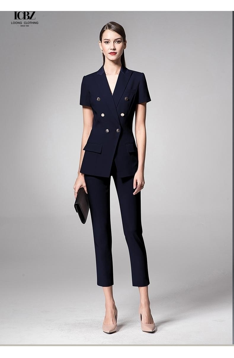 Dark Navy Slim Fit Blazer for Ladies Office Short Sleeve Women's Suits Collar V-neck