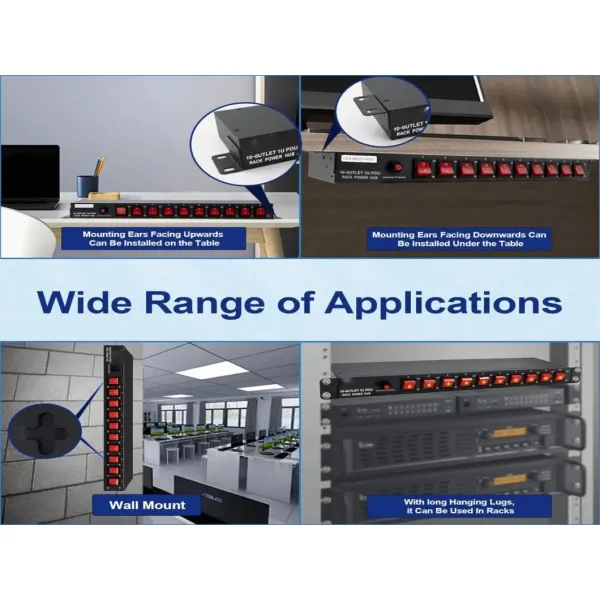 1u PDU Horizontal Rackmount Power Strip - Surge Protector 10 NEMA 5-15r Outlet 100V-240V/15A 1800 Joules, 10 Independent LED Switches