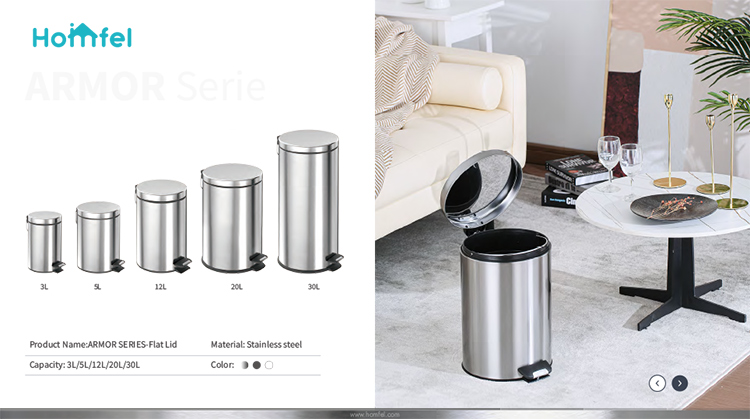 Kitchen Household Bowl Lid Trash Can With Soft Close Capacity 3L/5L/12L/20L/30L Stainless Steel Foot Pedal Structure