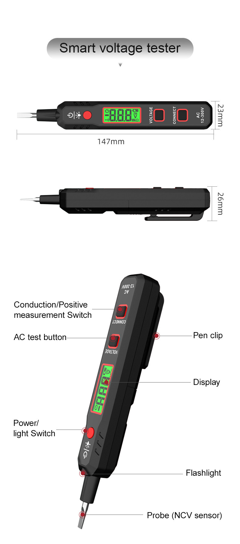 HABOTEST Voltage Detector HT89 AC 300V Sensitive Induction Tester Pen Backlight AC Voltage Tester Sound Light Alarm LCD Display