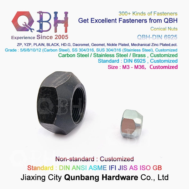 Qbh DIN6925 M3-M36 DIN 6925 Plain Black Yellow Blue Zinc Nickle Plated Hot DIP Galvanizing Dacr*Met Ge*Met Chrome Plating Wheel Hub Lock Hex Conical Nuts