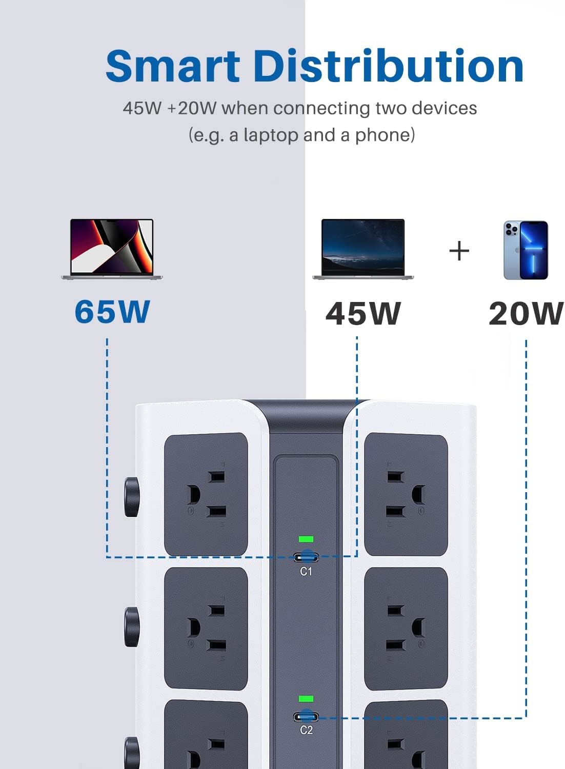USB C Desktop Charging Tower Surge Protector OEM With 12 Widely Spaced AC Outlets